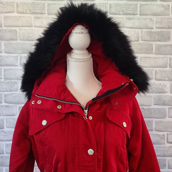 Nils Skiwear Red Black Faux Fur Hooded Ski Jacket Coat Womens 4 Snow Winter - Picture 2 of 9